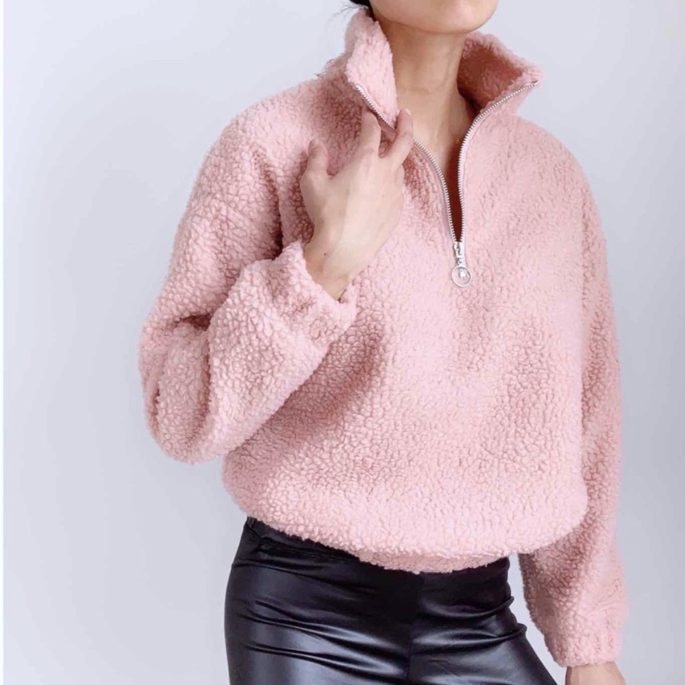 TEDDY SHEARLING QUARTER ZIP SWEATER - BLUSH - Picture 2 of 6